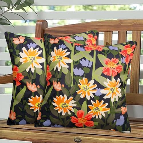 Pyonic Outdoor Pillows Covers Pack of 2 Spring Floral Waterproof Throw Pillow Covers 16X16 inch Outdoor Pillows for Patio Furniture Garden Square Outside Waterproof Pillow,Black by PyonicThrowPillowCovers