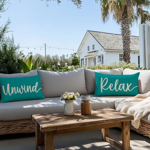 Decorative Throw Pillow Covers 12x20 Set of 2 Relax Unwind, Teal - Image 3