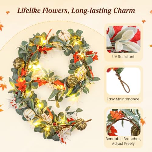 Lewondr 6ft Fall Garland with Lights for Mantel, 20 LED, Autumn Pumpkins - Image 4