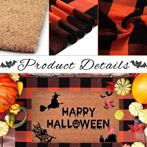 Halloween Decor Doormat Combo Set, 100% Coco Coir Welcome Mat + 3' x 5' Orange and Black Plaid Rug - Halloween Fall Front Porch Entryway Decor Floor Mat, Outdoors Autumn Mats Happy Halloween - Image 5