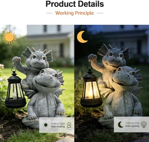 Solar Garden Outdoor Statues Lantern Figurines Light Decorations for Outdoor Patio Balcony Yard Lawn, Ideal Gifts for Mom Friends (Cement Gray- Dragon) - Image 5