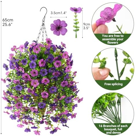 INQCMY Artificial Hanging Flowers with Basket for Spring Outdoor Decoration 3 Bunches of Silk Daisy Flower Uv Resistant for Garden Porch Patio Balcony Yard Decor (Purple1) - Image 2