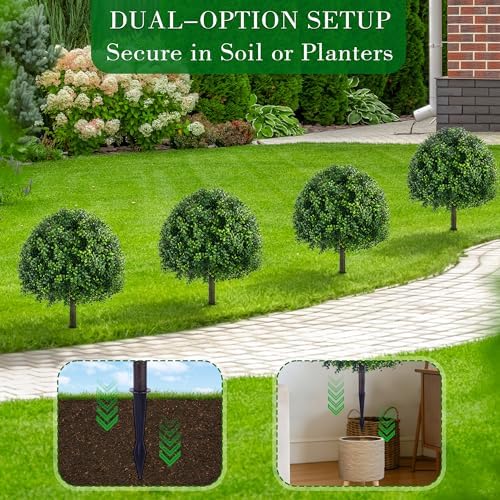 28 Inch Artificial Boxwood Trees, 2 Sets Faux Boxwood Topiary with Spikes, Pot Filler Fake Shrubs Plants for Outdoor Planters, Round Topiary Bush Balls Front Porch Home Garden Spring Decor - Image 2