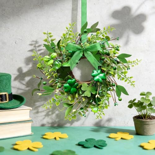 4 PCS Mini St. Patrick's Day Glitter Shamrocks Wreath for Front Door St. Patrick's Day Kitchen Cabinet Wreaths Decorations with Ribbon Small Lucky Green Irish Clover Berry Wreath for Porch Window - Image 2