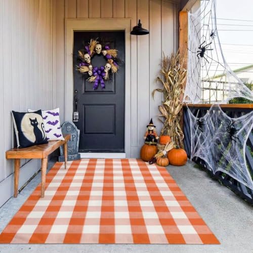 MUBIN Fall Decor Cotton Buffalo Plaid Rug, 4' x 6' Orange White Outdoor Rug Decorative Mat, Washable Large Halloween Doormat Foldable Area Rug for Outdoor Patio Indoor Living Room Dining Room Kitchen - Image 3