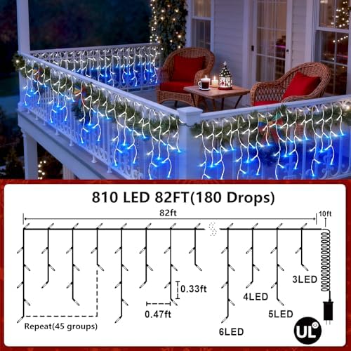Christmas Icicle Lights Outdoor 82FT 810 LED Drops Blue & White - Image 6