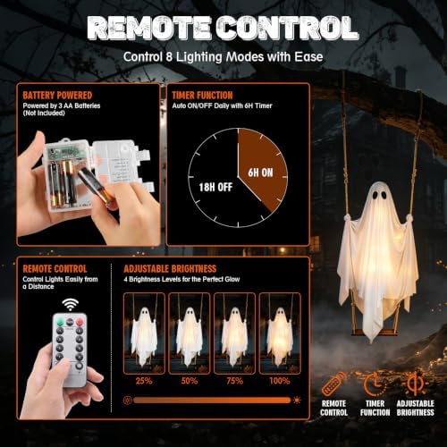 Halloween Hanging Ghost Decorations, 5FT Swing Ghost with Remote Lights - Image 6