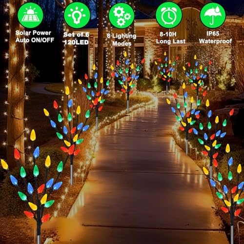 Upgraded 6 Packs 120 LED C6 Solar Christmas Lights, Christmas Decorations Outdoor Yard Lights, 8 Modes Waterproof Pathway Lights for Xmas Decorations Outdoor Yard Patio Cemetery Grave - Image 3