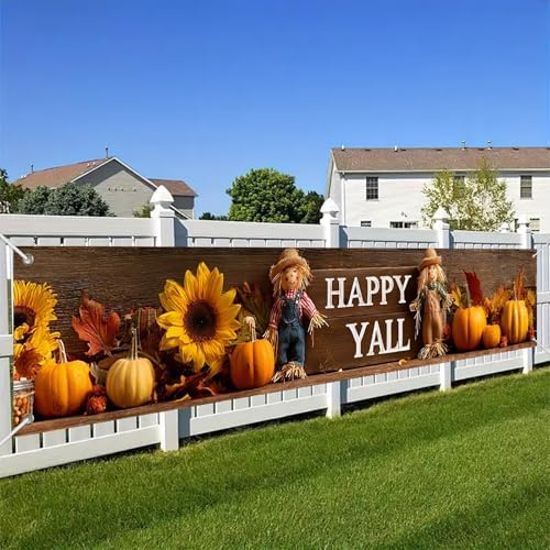 BlissYard Happy Y'all Decorations Banner Fall Outdoor Porch sign Scarecrows Pumpkins Sunflowers Leaves for Indoor Outdoor Garden Fence Banner Party Supplies 118x20 Inch Polyester Fabric - Image 5