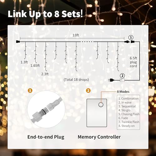 YOLIGHT Icicle Christmas Lights 13ft 96 LED Icicle String Lights 8 Modes Twinkle Curtain Fairy Lightings Indoor Room Patio Garden Bedroom Wedding Halloween Party Decoration (Multi-Color) - Image 4