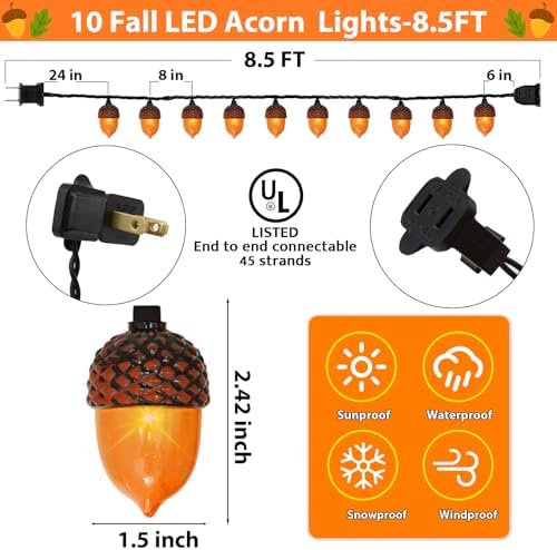 Couah Fall Decor Acorn String Lights, 8.5 FT 3D Acorn Lights with 10 LED Acorn Plug in Fall String Lights for Indoor and Outdoor Home Bedroom Autumn Party Harvest Fall Decorations - Image 2