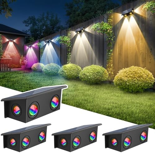 T-SUN Solar Fence Lights Outdoor, 4 Pack Waterproof Fence Lights Solar Powered 8 Mode RGB & Warm White＆Color Changing Dusk to Dawn Wall Lights for Yard Patio Step Deck Railing Pool by T-SUN