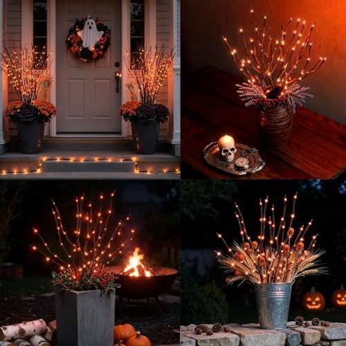 Outdoor Indoor Lighted Halloween Tree Branches Decoration, 3PCS Artificial Lit Twig Branch with Orange Fairy Lights, Battery Operated with Timer, Halloween Decor for Fireplace Pathway Lawn Front Porch - Image 6