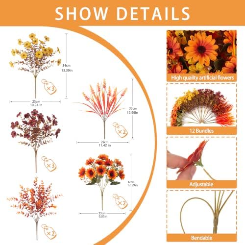 INQCMY Artificial Fall Flowers for Outdoor Porch Decoration,12pcs Fake Mums - Image 2