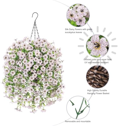 HyeFlora Artificial Hanging Flowers Basket for Outdoor, Fake Flowers Faux Plants Look Real for Yard Gardens Porch Patio Home (White) - Image 2