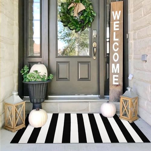 IOHOUZE 2x4.3 Striped Outdoor Door Mat, Washable Porch Rug, Black/White by iOhouze