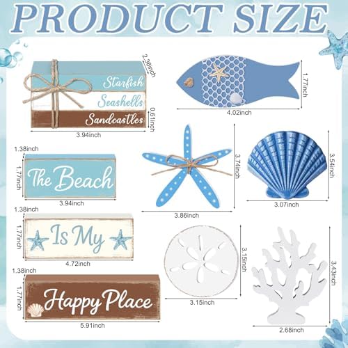 Vercraft 11 Pcs Sea Table Decorations Set Ocean Coastal Tiered Tray Decor Summer Wood Block Sign Gift The Beach Is My Happy Place Starfish Seashell Coastal Centerpiece Summer Party Supplies Shelf - Image 4