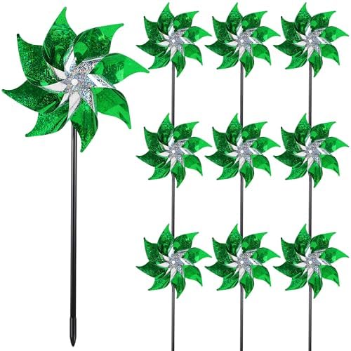 Hausse 10 Pack Reflective Pinwheels Holiday Decor (Assembly Required), Sparkly Wind Sculptures for St. Patrick's Day Decorations Party Supplies, Scare Birds Away from Garden Yard Patio Farm, Green by Hausse