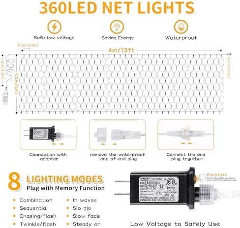 HEYFUNi 360 LED Christmas Net Lights Plug in, 13FT x 5FT Warm White - Image 3