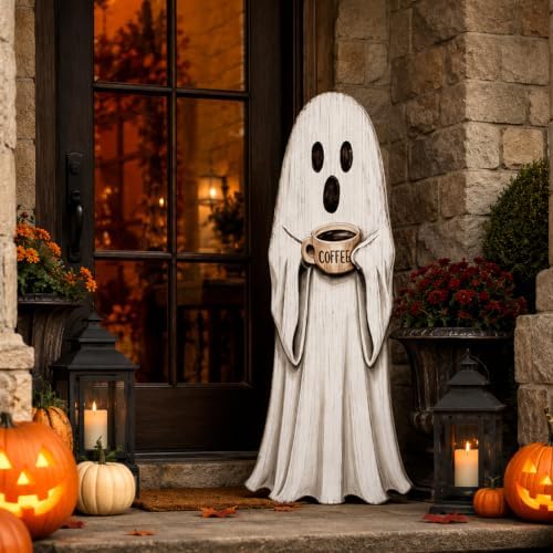 Halloween Porch Sign, Coffee Ghost Wooden Front Door Decor by Beeveer
