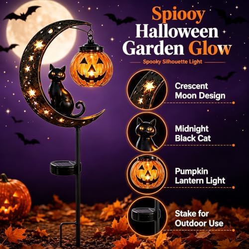 Solar Halloween Black Cat Garden Stake Light – Metal Crescent Moon & Pumpkin Lantern Yard Decor, Auto On/Off Waterproof LED Landscape Lighting for Patio Lawn Pathway (D) - Image 3