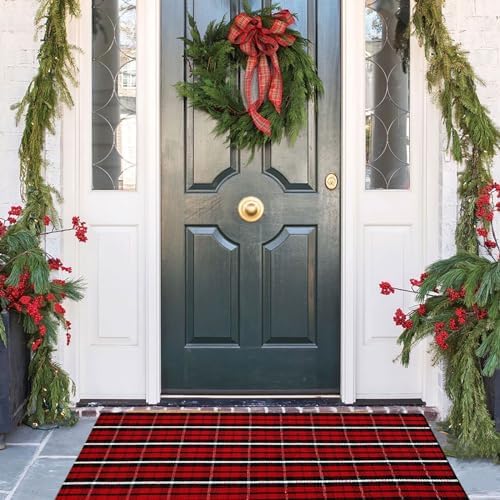 Bottalive Christmas Plaid Outdoor Rug, 2' x 4'3'' Red & Black Check Indoor/Outdoor Area Rug, Layering Rug for Hello/Welcome Door Mat, Machine Washable Cotton Woven Farmhouse Mat for Front Porch Décor - Image 7