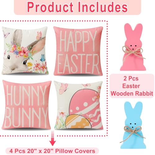 multiwins 8-Sided Easter Pillow Covers Set of 4 with 2 Wooden Bunny Decorations, 20 x 20 Inch Reversible Decor with Bunny, Floral Eggs & “He is Risen” Prints for Indoor/Outdoor, Spring Holiday Decor - Image 3