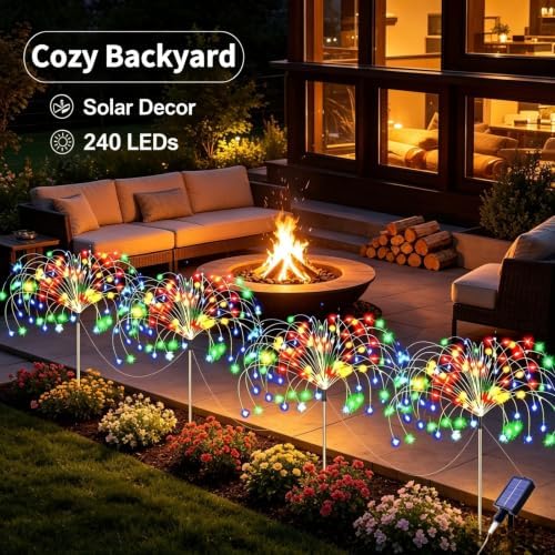 Solar Firework Garden Lights Outdoor, 4 Pack 240 LED Multicolor Solar Firefly Lights with 8 Modes, Waterproof Solar Garden Decorative Lights for Yard Patio Pathway Lawn Flowerbed Backyard Decor - Image 7