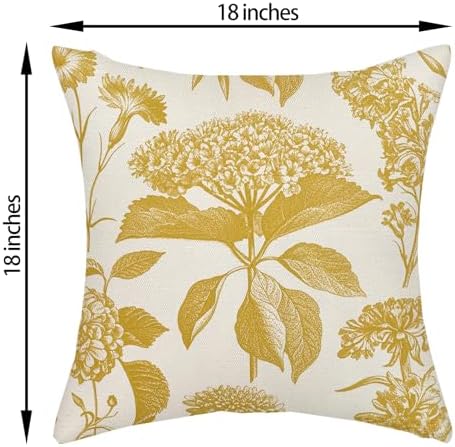 Mustard Yellow Pillow Covers 18x18 Inch 2 Pcs Boho Vintage Floral Decor Throw Pillows Hydrangea Flower Summer Outdoor Farmhouse Neutral Accent Decoration Pillowcase Linen Cushion Cover for Sofa - Image 6