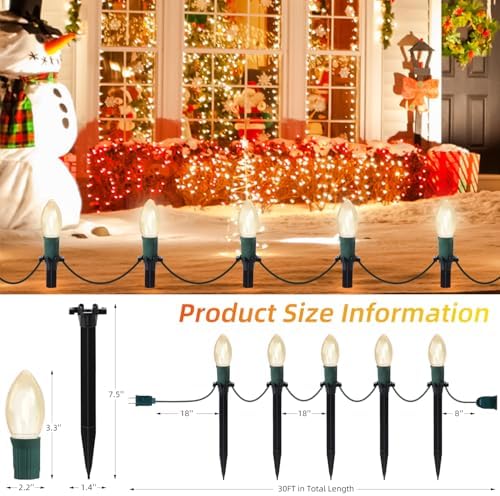 USOKYO 30Ft C9 Led Christmas Pathway Lights Outdoor, 20 Warm White Bulbs Waterproof Connectable Christmas Walkway Lights with Stakes for Yard Lawn Sidewalk Driveway Christmas Decorations - Image 5