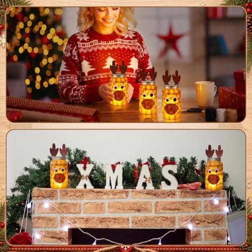 Qinyoung 12 Pcs Christmas Crafts Reindeer Mason Jars Crafts with LED Candle Light DIY Suncatchers Decoration Make Your Own Xmas Reindeer Mason Jars Tissue Paper Supply for Christmas Projects Activity - Image 5