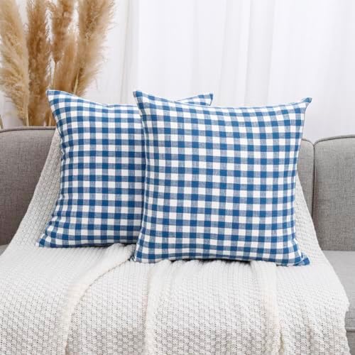 Coastal Decor Light Blue Outdoor Gingham Plaid Throw Pillow Covers 18x18 by CARRIE+HOME