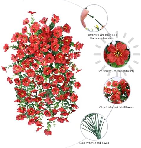 HyeFlora Artificial Hanging Flowers for Outdoors Decoration, 2Pcs Red Fake Spring Summer Decor, Realistic Plants, UV & Fading Resistant Flower for Porch Patio Balcony Planter Yard Home Garland - Image 3