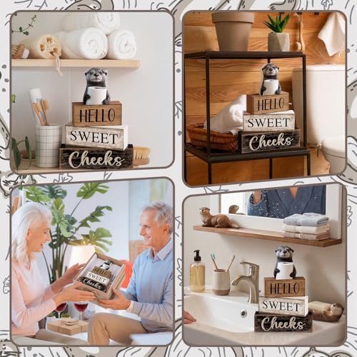 Moucuny 4 Pcs Otter Bathroom Decor Wooden Block Signs Hello Sweet Cheeks - Image 4