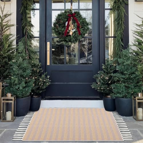 Breling 28" x 43" Fall Outdoor Porch Rug Beige and White Striped Door Mat by Breling