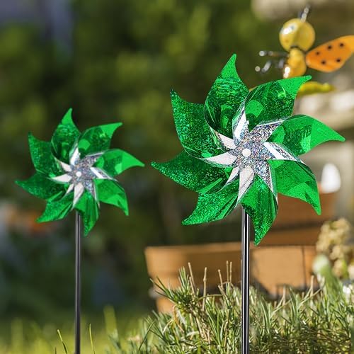 Hausse 10 Pack Reflective Pinwheels Holiday Decor (Assembly Required), Sparkly Wind Sculptures for St. Patrick's Day Decorations Party Supplies, Scare Birds Away from Garden Yard Patio Farm, Green - Image 6