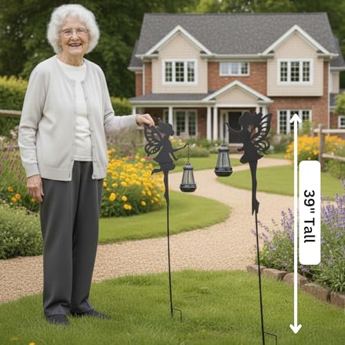 Solar Fairy Garden Accessories Outdoor 1 Pair - Metal Stakes Decorative Figurines Housewarming Ornament for Patio, Lawn, Yard, Pathway - Unique Gift Ideas for Mom Grandma (Warm Lighting) - Image 2
