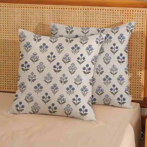 Blue Grey Pillow Covers 16x16 Inch 2 Pcs Gray Block Print Vintage Floral Decor Throw Pillows Boho Flower Spring Summer Outdoor Seasonal Decoration Pillowcase Linen Cushion Cover for Couch Sofa - Image 2