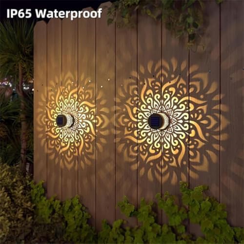 2PCS Decorative Solar Mandala Lights, Solar Powered Outdoor Deck Step Wall Lights, Metal Mandala Theme LED Waterproof Fence Light, for Garden Post Patio Backyard Yard Decor - Image 5