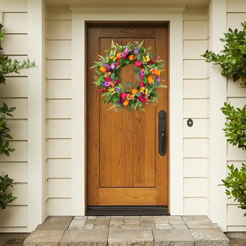 Sggvecsy Spring Summer Wreath for Front Door 22 Inch Artificial Tulips Wreath with Eucalyptus Leaves Lavender Ferns Colorful Silk Flowers Butterflies for Home Farmhouse Indoor Outdoor Wall Decor - Image 3