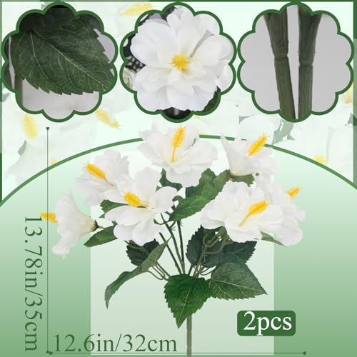 2 Pcs Artificial Outdoor Flowers Realistic Silk Fake Hibiscus Tropical Flowers Spring Summer Decoration UV Resistant Faux Plants for Outdoors Planters Outside Porch Patio Yard Garden White - Image 2