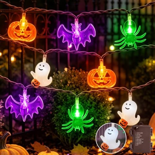 LAMPHOME Halloween String Lights, 20 LED Pumpkin Ghost Bat Spider Decor Lights, Battery Operated with Timer, 8 Modes Waterproof Fairy Lights for Indoor Outdoor Halloween Party Home Decor by ULL