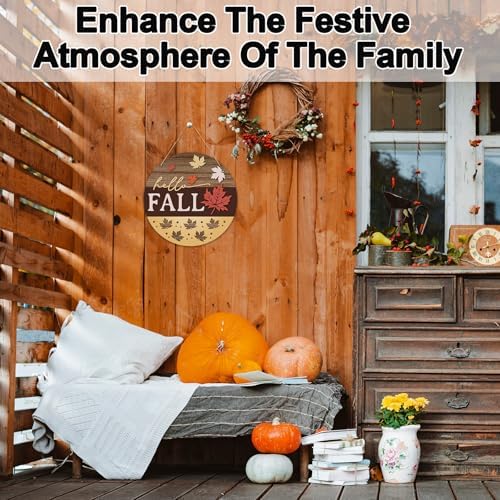 Hello Fall Door Sign - 12 Inch Autumn Welcome Sign for Front Door, Thanksgving Farmhouse Wooden Wall Decor for Indoor Outdoor Porch -B04 - Image 3