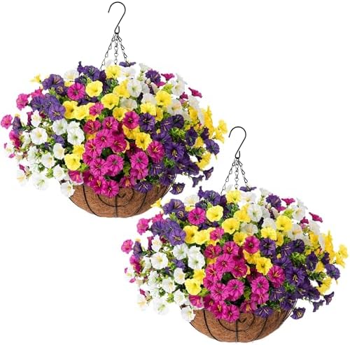 Ivydale 2 Set Artificial Fake Hanging Flowers Plants Baskets for Outdoors Outside Decor, UV Resistant 24 Pcs Faux Silk Morning Glory with 2 Outdoor Hanging Planters Look Real for Porch Patio Balcony by Ivydale