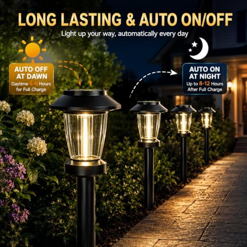 Solar Pathway Lights Outdoor, 10 Pack Warm White Tungsten Filament Solar Lights, 3 Lighting Modes, Auto On/Off, IP65 Waterproof, Dusk to Dawn Solar Garden Lights for Yard, Driveway, Lawn & Landscape - Image 5