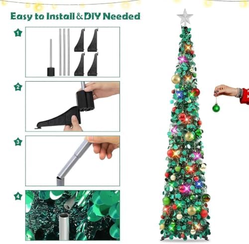 N&T NIETING Pop Up Christmas Tree with Lights & 40 Balls, 6Ft Collapsible Green Tinsel Tree Decorations, Skinny Christmas Tree for Holiday Home Office Decor, Green - Image 4