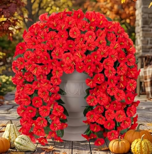 Artificial Fake Hanging Flowers Plants for Outdoor Outside Spring Summer Decoration, 2PCS Faux Silk Red Morning Glory UV Resistant Look Real Trailing Vines for Home Wedding Party Garden Patio Porch by HyeFloraartificialflowers
