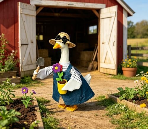 Gardener Goose Costume Fits 23 Inch Porch Lawn Statue, Summer Gardener Outfit with Flower Pot & Shovel Accessories, Spring Yard Patio Party Decoration - Image 4
