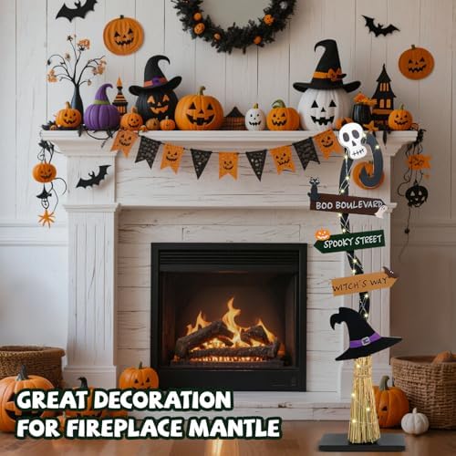Halloween Decorations |Lighted Witch's Broom Halloween Wooden Porch Sign | Spooky Light Up Witch Decorations Sign for Indoor Outdoor Yard Decor - Image 7