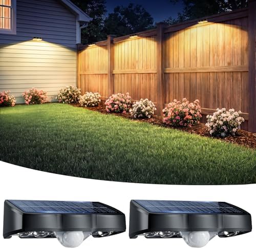 Solar Fence Lights Outdoor with Motion Sensor, 2 Pack Warm White Fence Lights Solar Powered 3 Modes IP65 Waterproof Dusk to Dawn Outdoor Lights for Patio Deck Wall Backyard Garden Decorative by NIBUUECER
